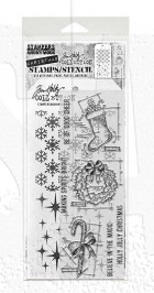 Tim Holtz Mixed-Media Stamps & Stencil Set THMM191: Blueprint Christmas 1, Twinkle, Flurries