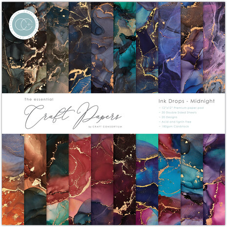 Craft Consortium - Essential Craft Papers 12x12 Inch Paper Pad Ink Drops Midnight 