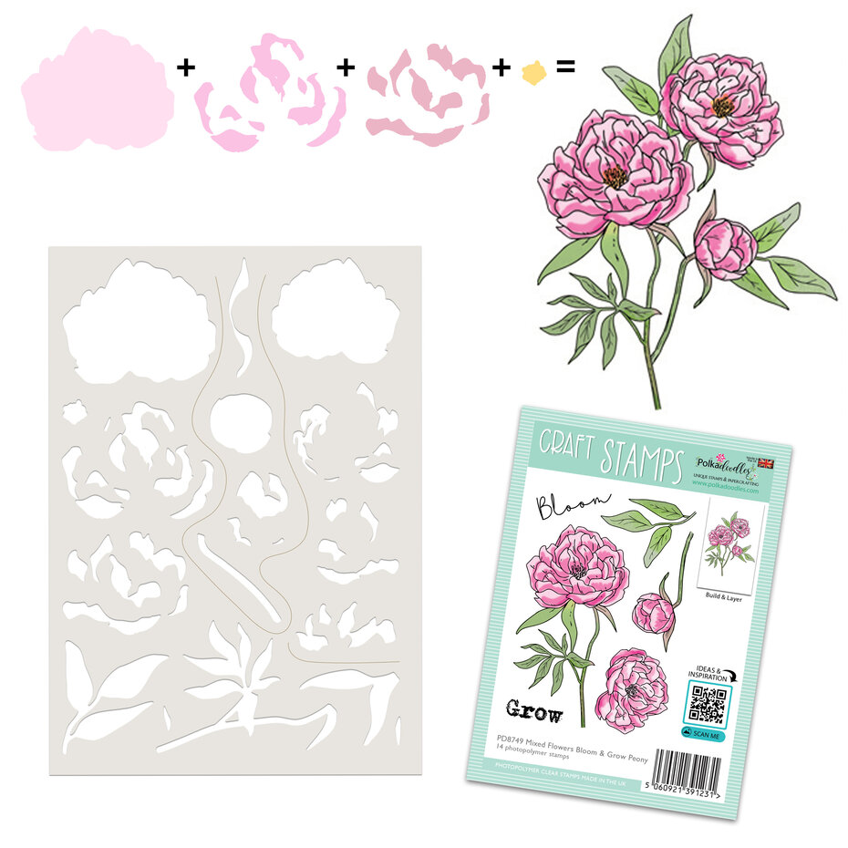 Polkadoodles - Mixed Flowers Bloom & Grow Peony Colour & Create Creative Stencils