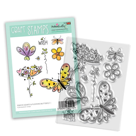 Polkadoodles Hearts and Flowers Butterfly 1 Craft Stamps (8pcs)