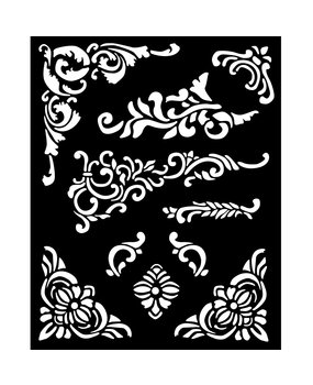 Stamperia -  Vintage Library Thick Stencil 20x25cm Corners and Embellishment