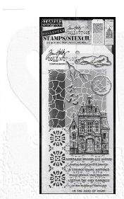 Tim Holtz Mixed-Media Stamps & Stencil Set THMM149: Sketch Manor, Rosette and Crackle