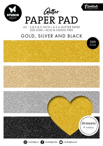 Studio Light Glitter Paper Pad Gold, silver and black Ess. nr.209