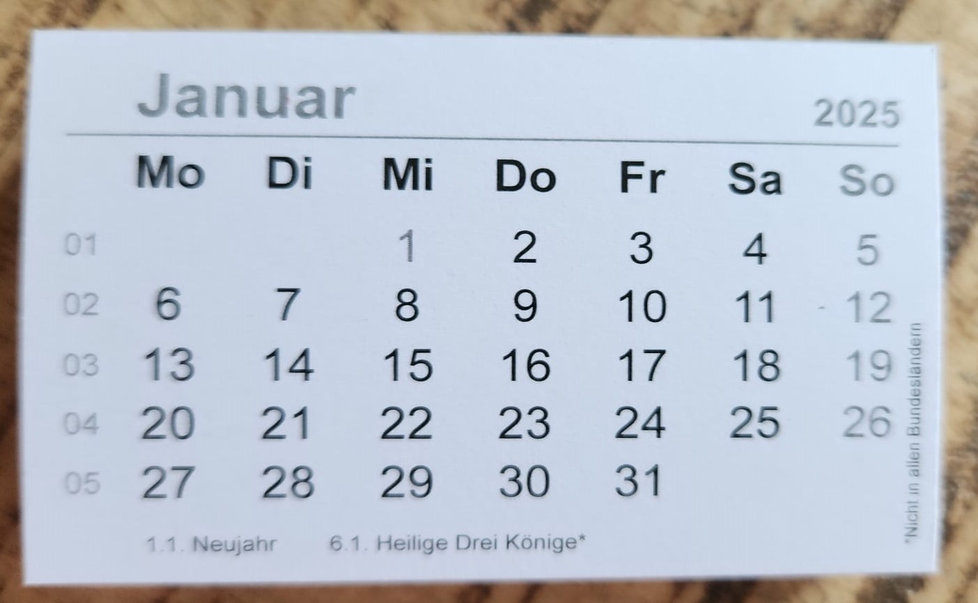 Mini-Kalender 2025 Deutsch 7,5cm x 4,5 cm  