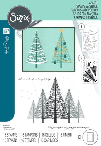 Sizzix - Clear Stamps w/Stencil by Stacey Park Cosmopolitan Christmas, Merry & Light (16pcs)