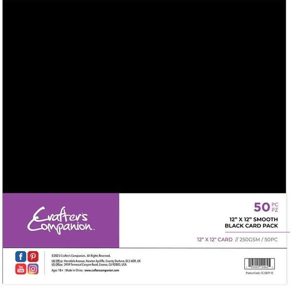 Crafter's Companion - 12"x12" (30x30 cm) Smooth Black Card Pack - 50 st.