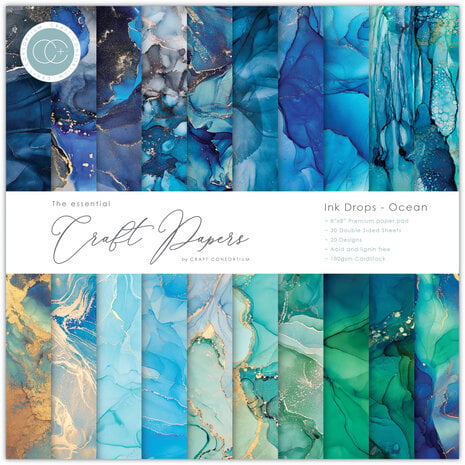 Craft Consortium Essential Craft Papers 8x8 Inch Paper Pad Ink Drops Ocean